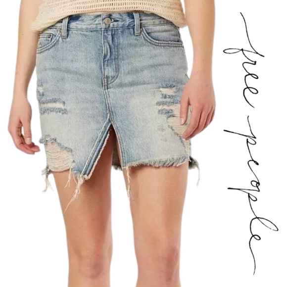 Free People NWT Relaxed & Destroyed Denim Skirt - Blue - Size 30 - Picture 1 of 11